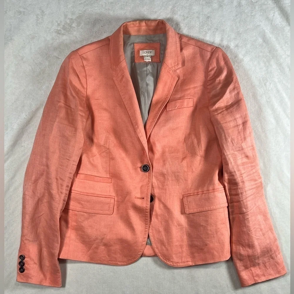 J Crew Size 4 Coral 100% Linen Woman’s Blazer Sport Coat Chic Lightweight Pastel
